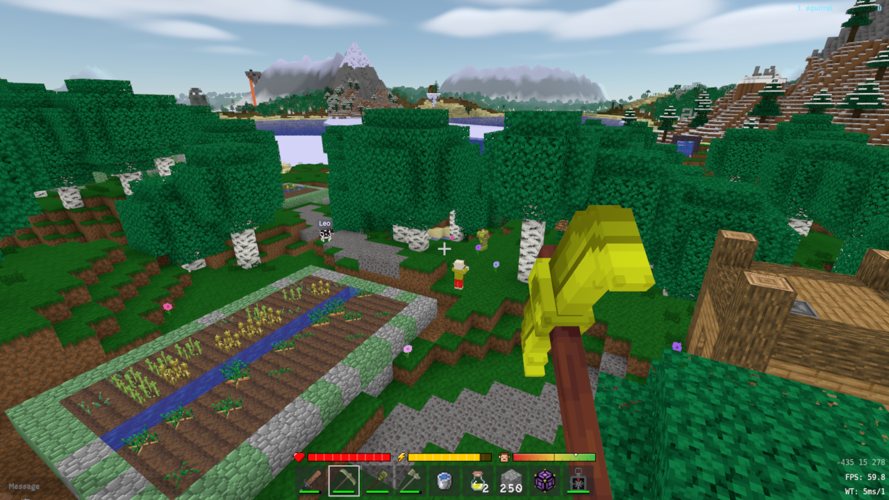Voxmaxa Survival: a farm of wheat and carrots by a stream, among birch trees, with a lake and snowy mountains beyond